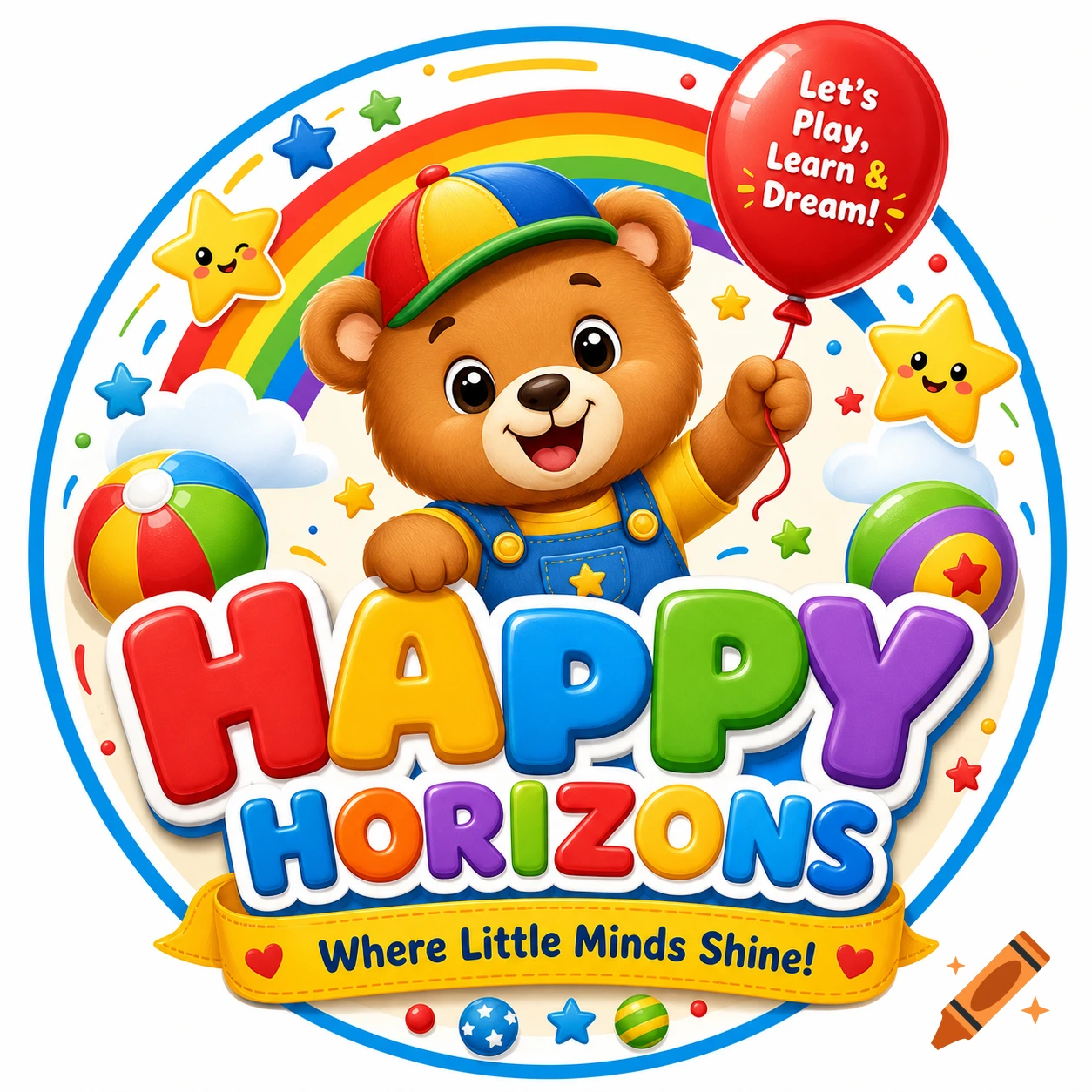 Colorful kids logo featuring a cheerful teddy bear in overalls holding a red balloon, with text "HAPPY HORIZONS" and a rainbow background.