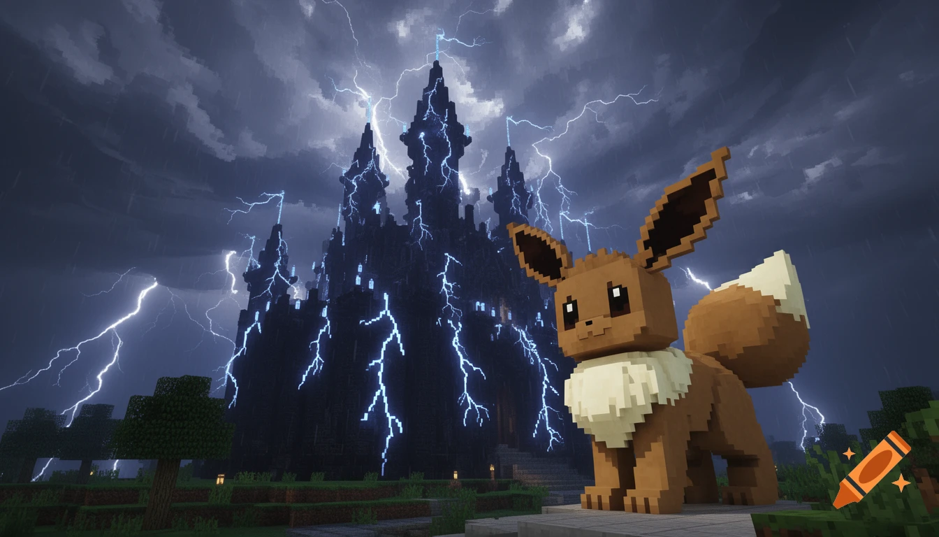 A pixelated Eevee stands in front of a dark Minecraft-style castle with lightning striking around it under a stormy sky.