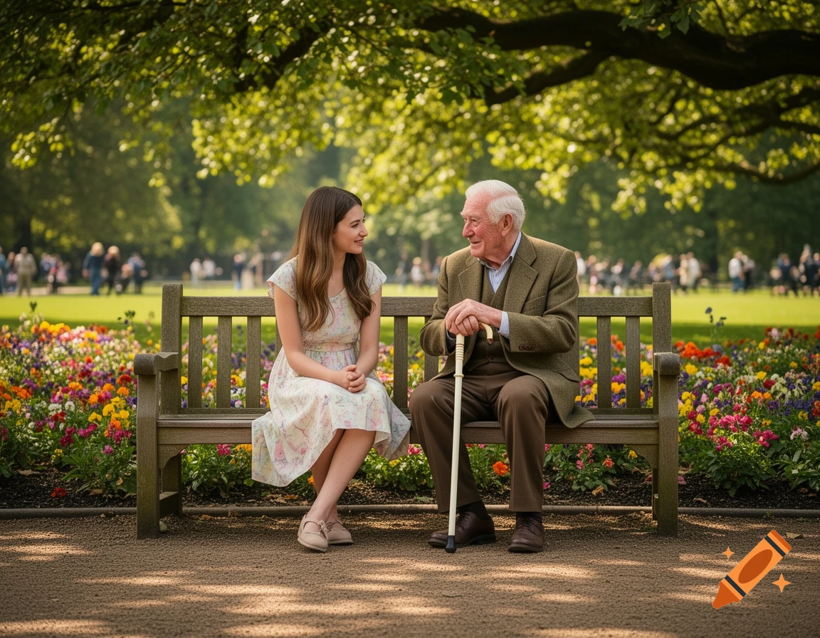 A young woman and an old man sit on a park bench surrounded by colorful flowers, conversing under a large tree, in a photorealistic style.