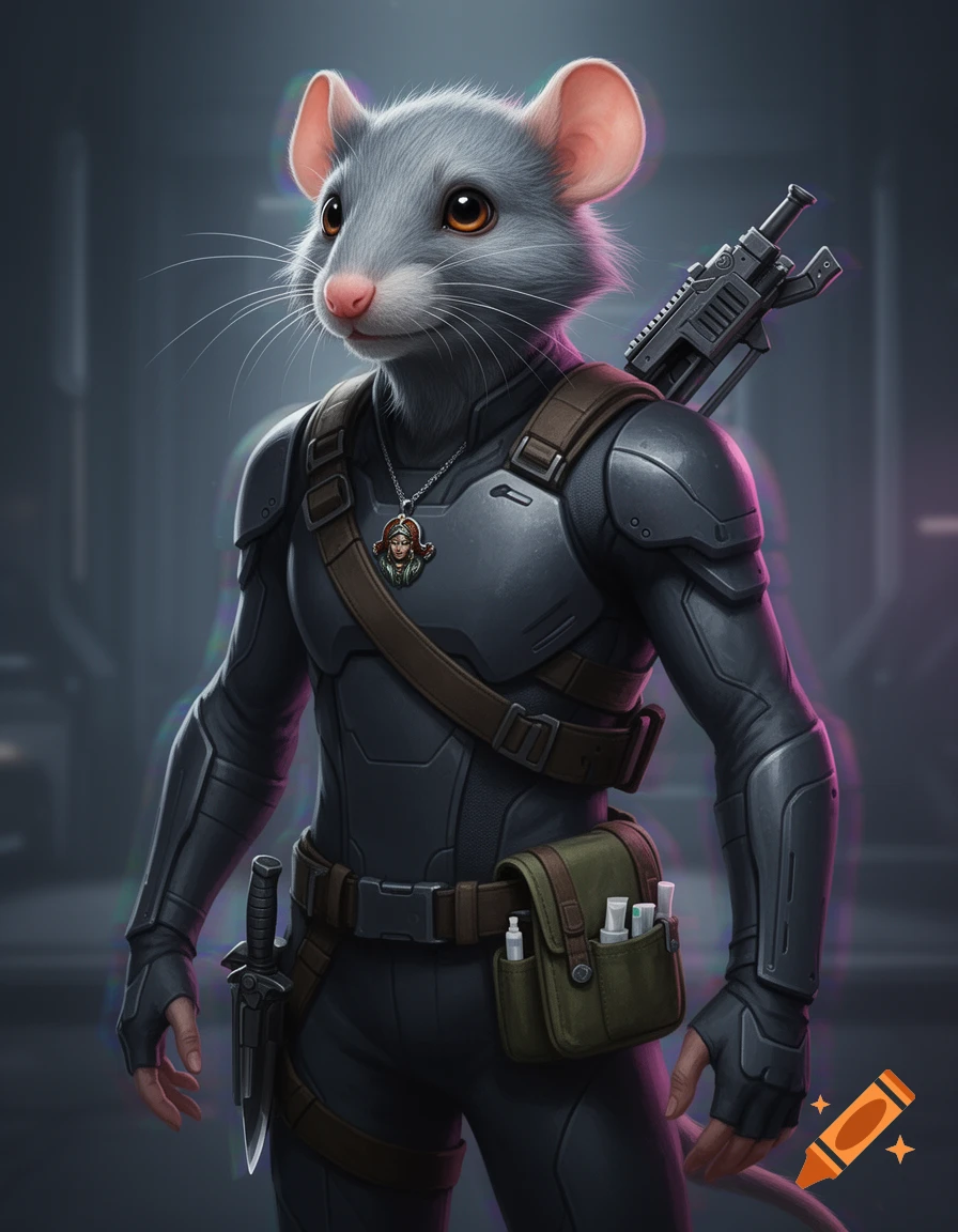 A vigilant, silver-grey ratfolk in sleek, dark sci-fi armor, carrying a rifle and knife, with a medical pouch and a pendant. Stylized portrait.