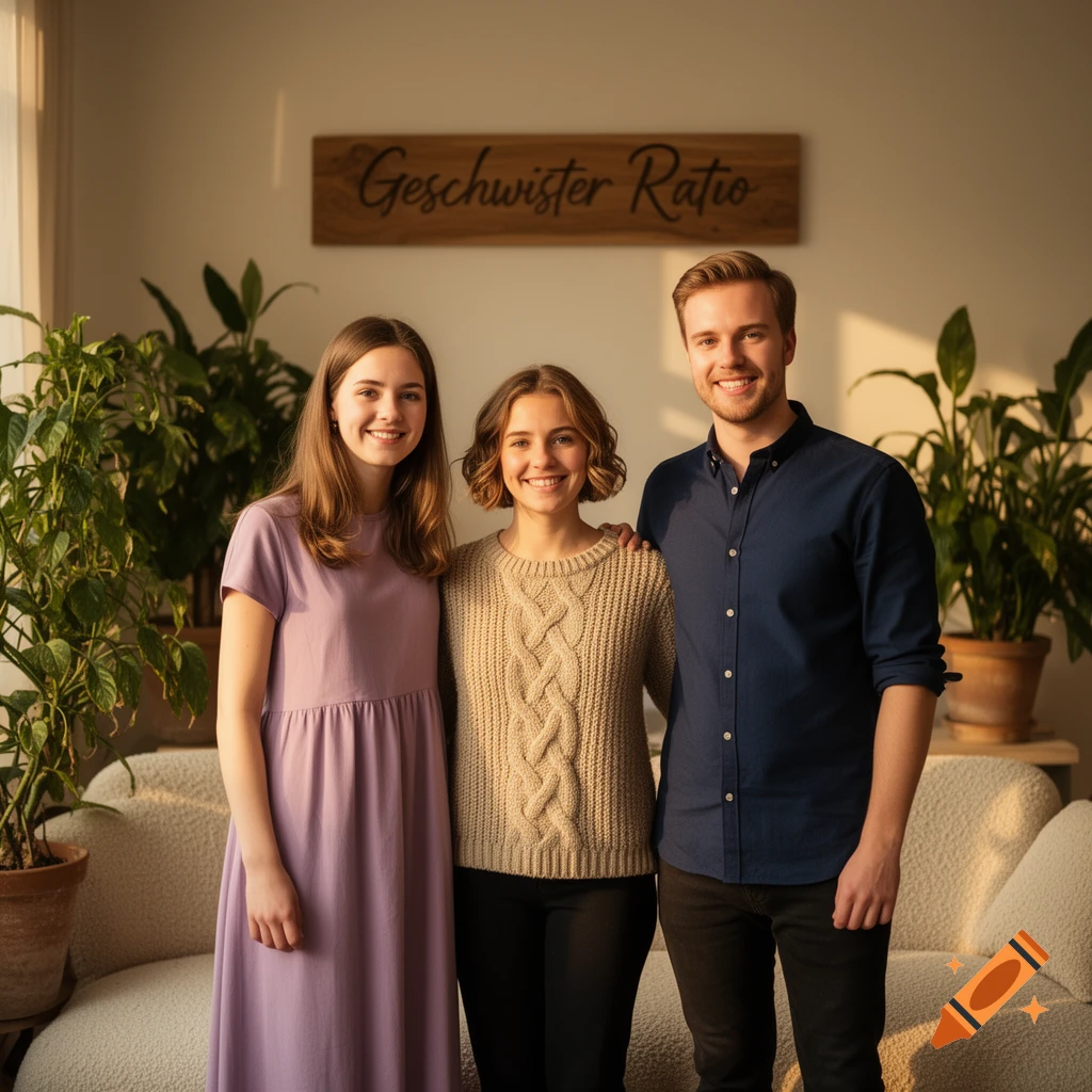 Three smiling young adults stand in a bright living room with plants and a 'Geschwister Ratio' sign. Photorealistic.