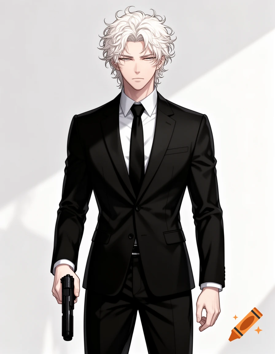 An anime-style man with white-blond hair in a black suit holds a handgun by his side.