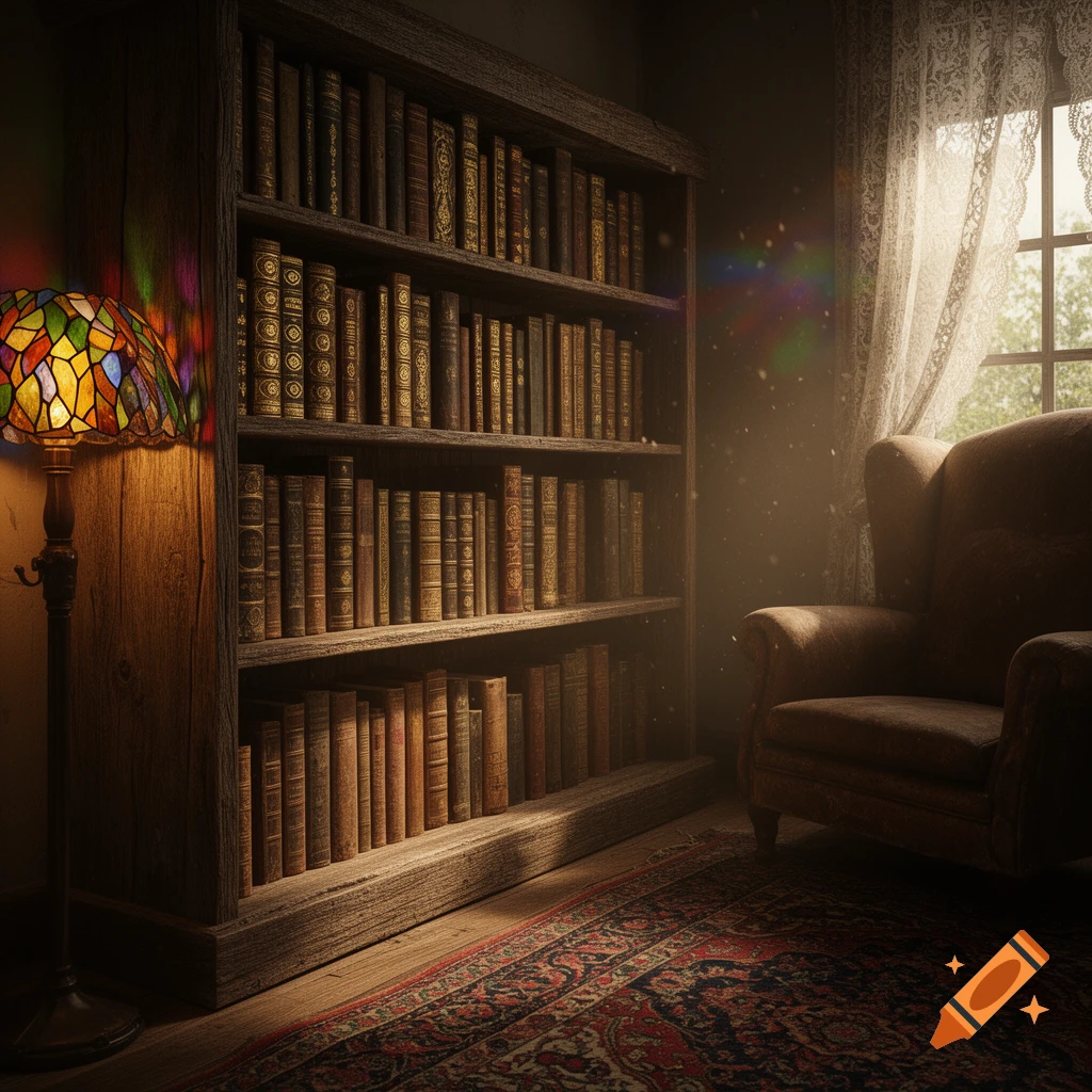 A warmly lit room with a large wooden bookshelf full of old books, a stained-glass lamp, a plush armchair, and a patterned rug near a window.