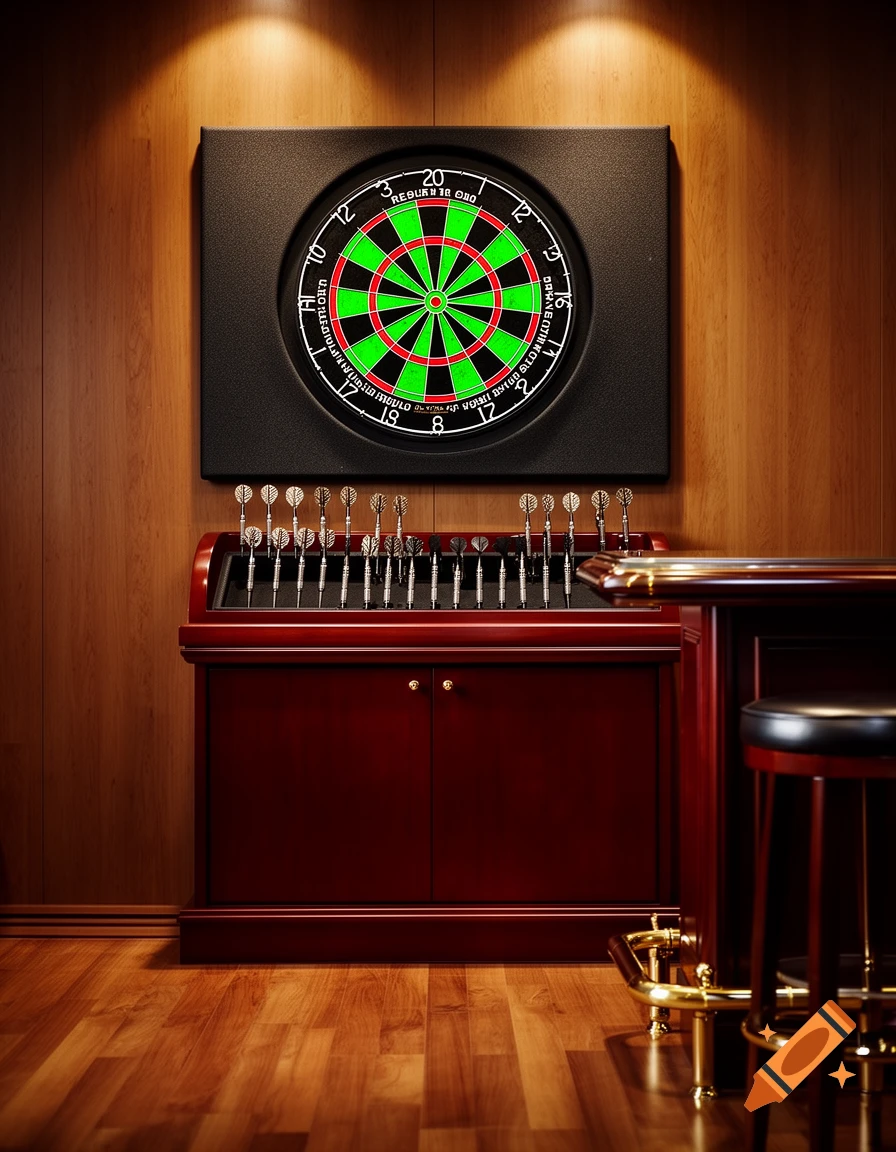 A photorealistic dartboard setup in a game room with wooden walls, floor, a dark cabinet with darts, and a bar stool.