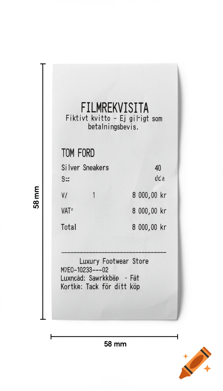 Photorealistic image of a white paper receipt with black text for 'FILMREKVISITA' and 'Tom Ford Silver Sneakers', on a white background, with 58 mm measurements.