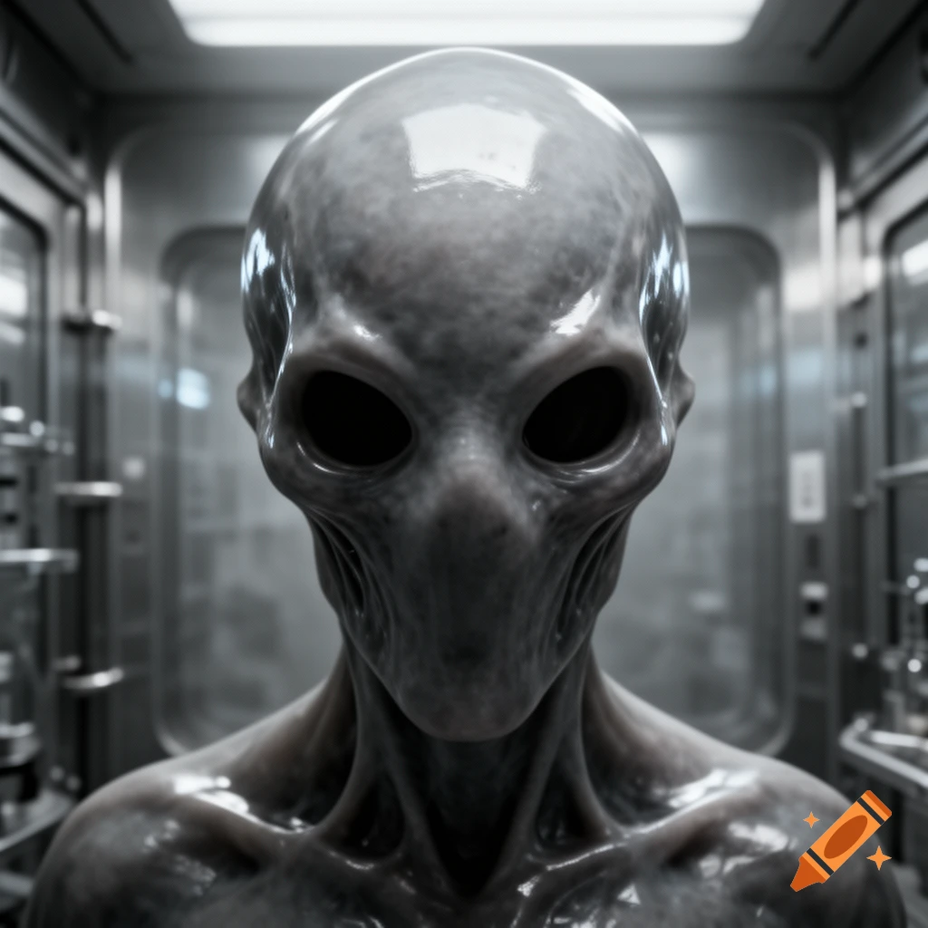 A close-up of a grey, slender alien with large black eyes and a smooth, reflective head, in a sterile sci-fi setting.