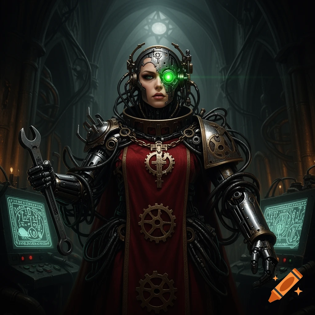 A female Warhammer 40k tech-priest in detailed cyborg armor and red robes, holding a wrench in a dark, gothic, industrial setting.
