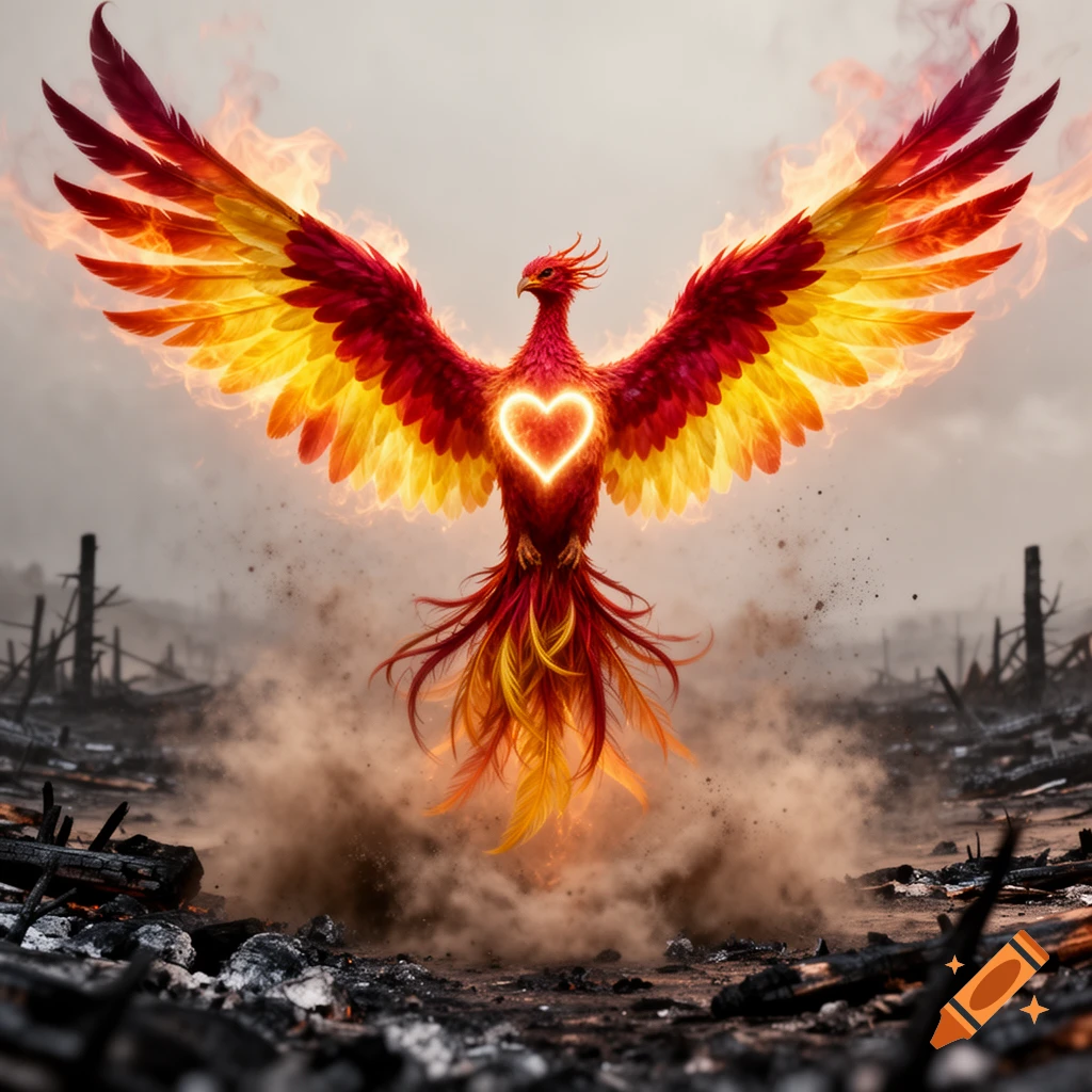 A vibrant phoenix with glowing red and gold feathers and a glowing heart on its chest rises majestically from a smoky, ash-filled landscape.