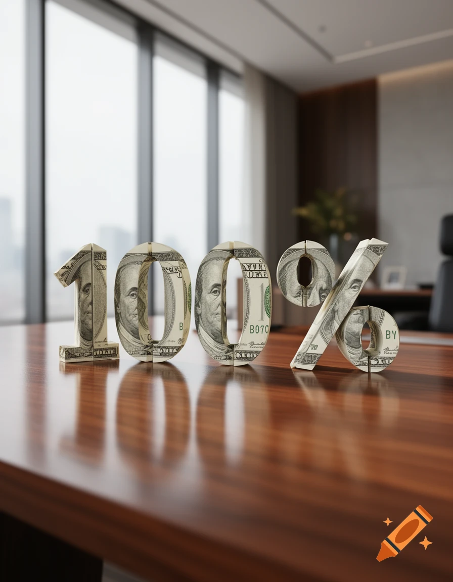 The numbers 100 and a percent sign, made from folded hundred-dollar bills, sit on a polished wooden desk in an office.