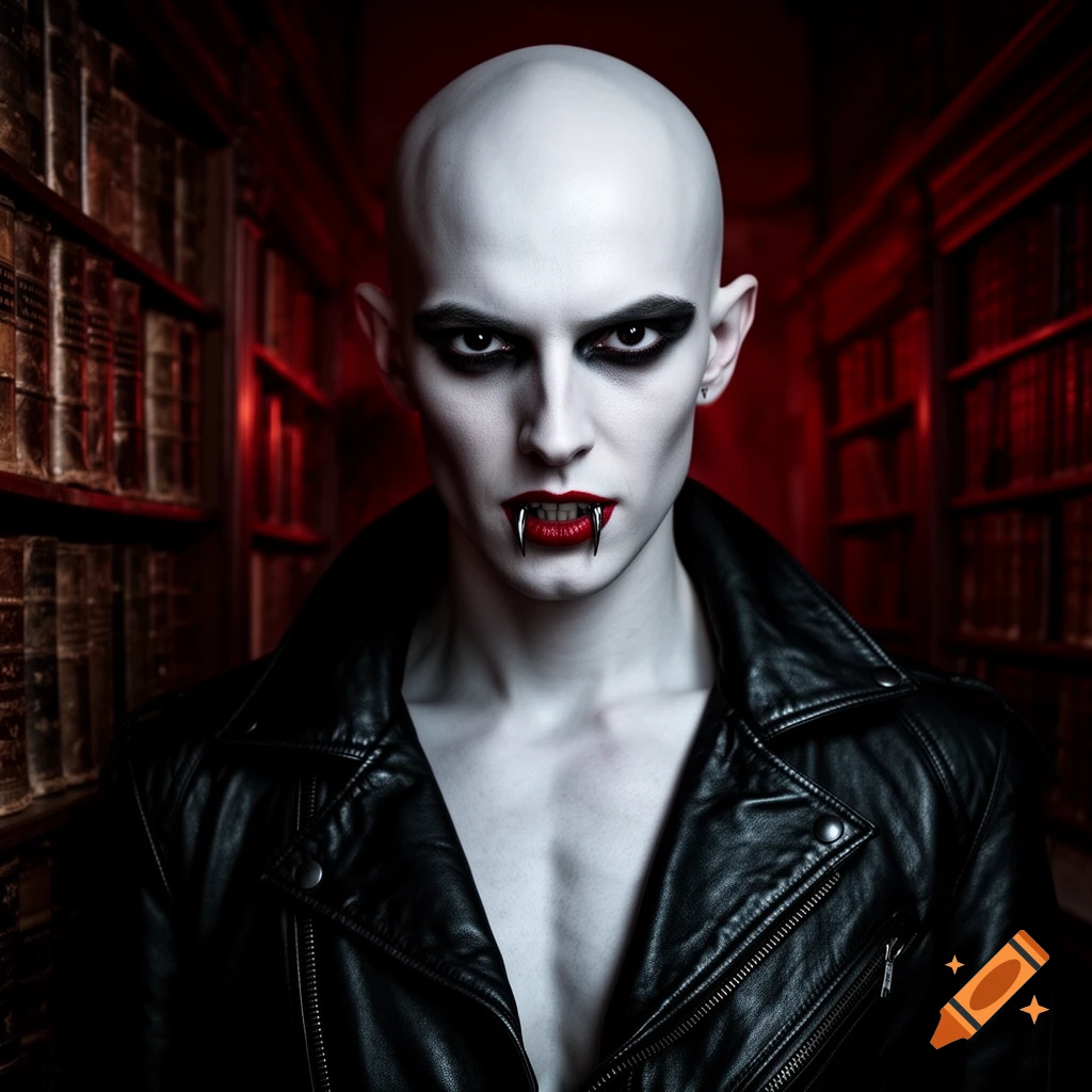 A pale-skinned, bald figure with fangs, dark eye makeup, and red lips, wearing a black leather jacket, stands in a dimly lit library.