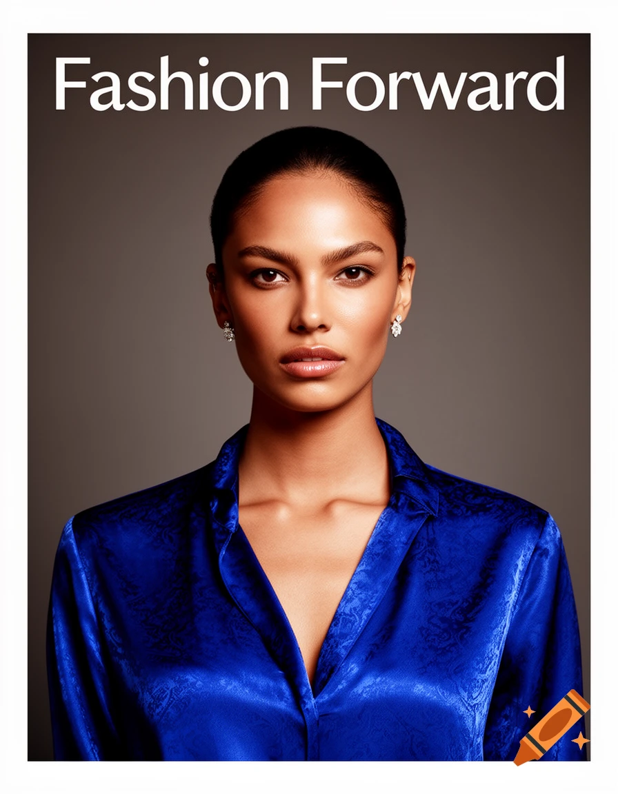 Photorealistic portrait of a woman in a blue satin shirt on a magazine cover with "Fashion Forward" text.