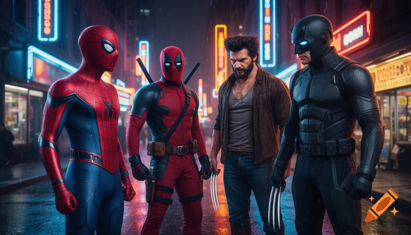 Spider-Man, Deadpool, Wolverine, and a dark-suited hero similar to Daredevil stand on a rainy neon-lit street at night, photorealistic.