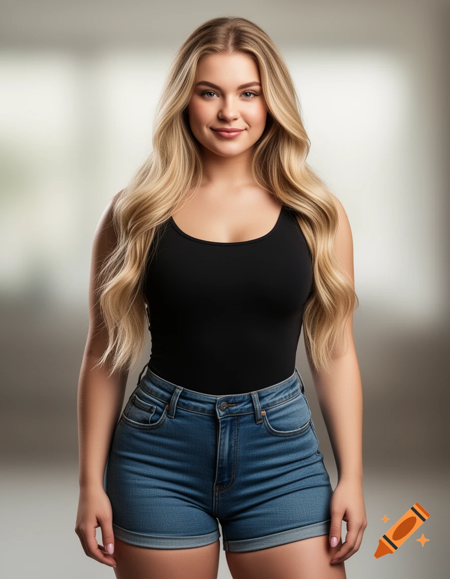Photorealistic portrait of a smiling young woman with long blonde hair, wearing a black top and short denim shorts.