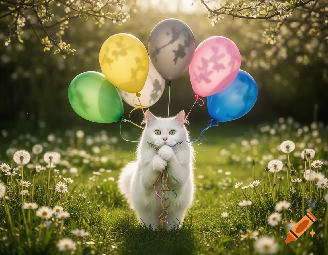 A fluffy white cat with green eyes stands in a sunny field with dandelions and daisies, holding a cluster of colorful balloons.