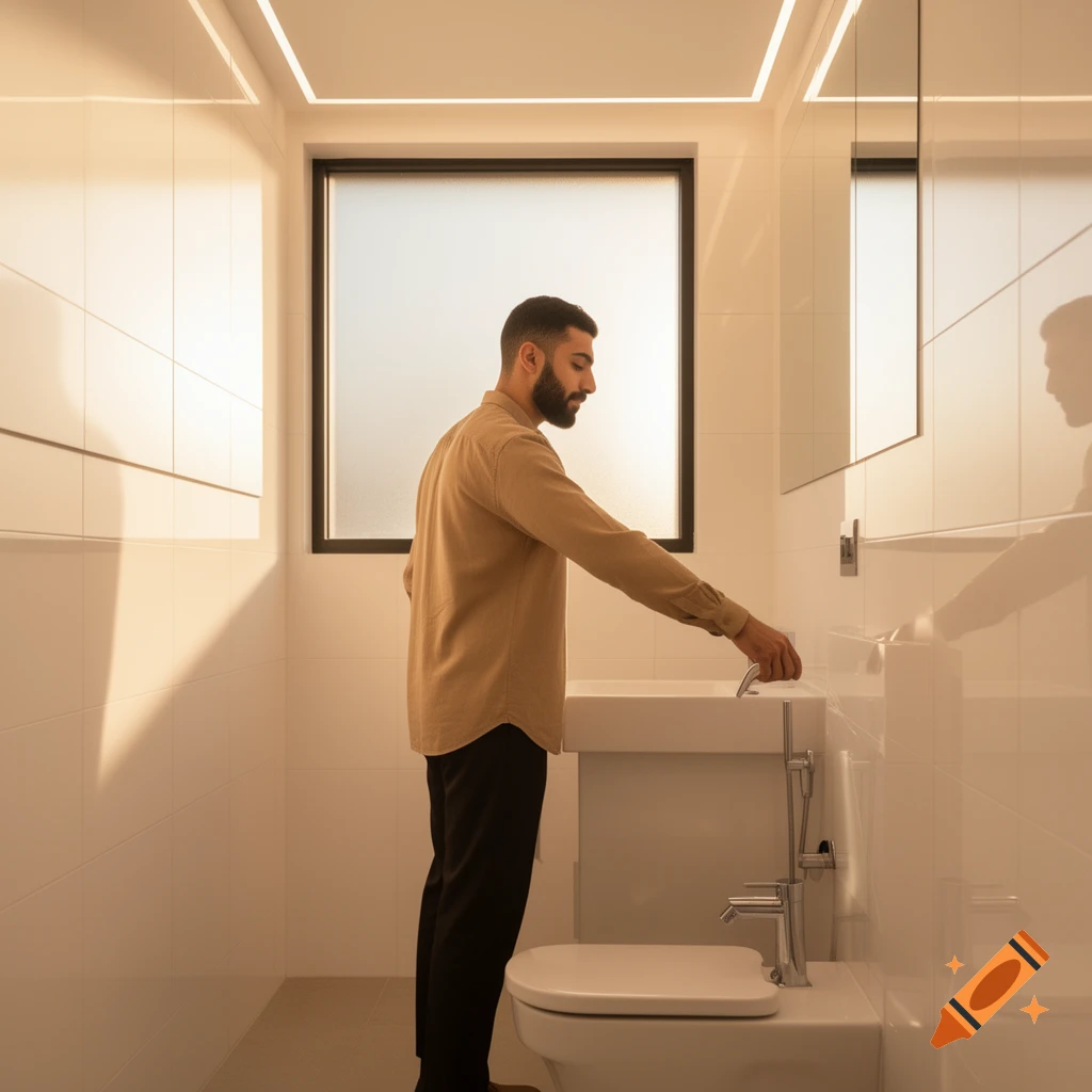 A man in a modern, tiled bathroom stands next to a toilet and bidet, reaching for the water control.
