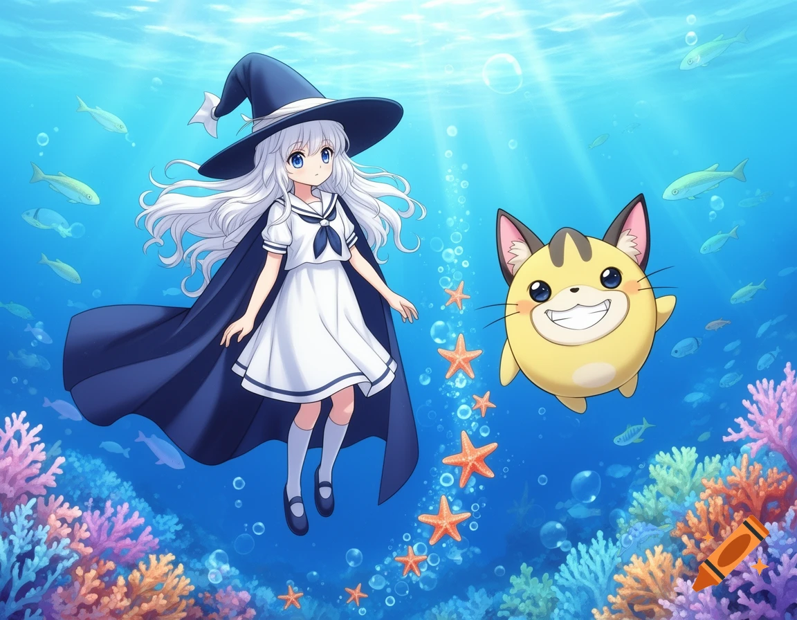 Anime witch girl and a yellow cat character float underwater among coral and fish.