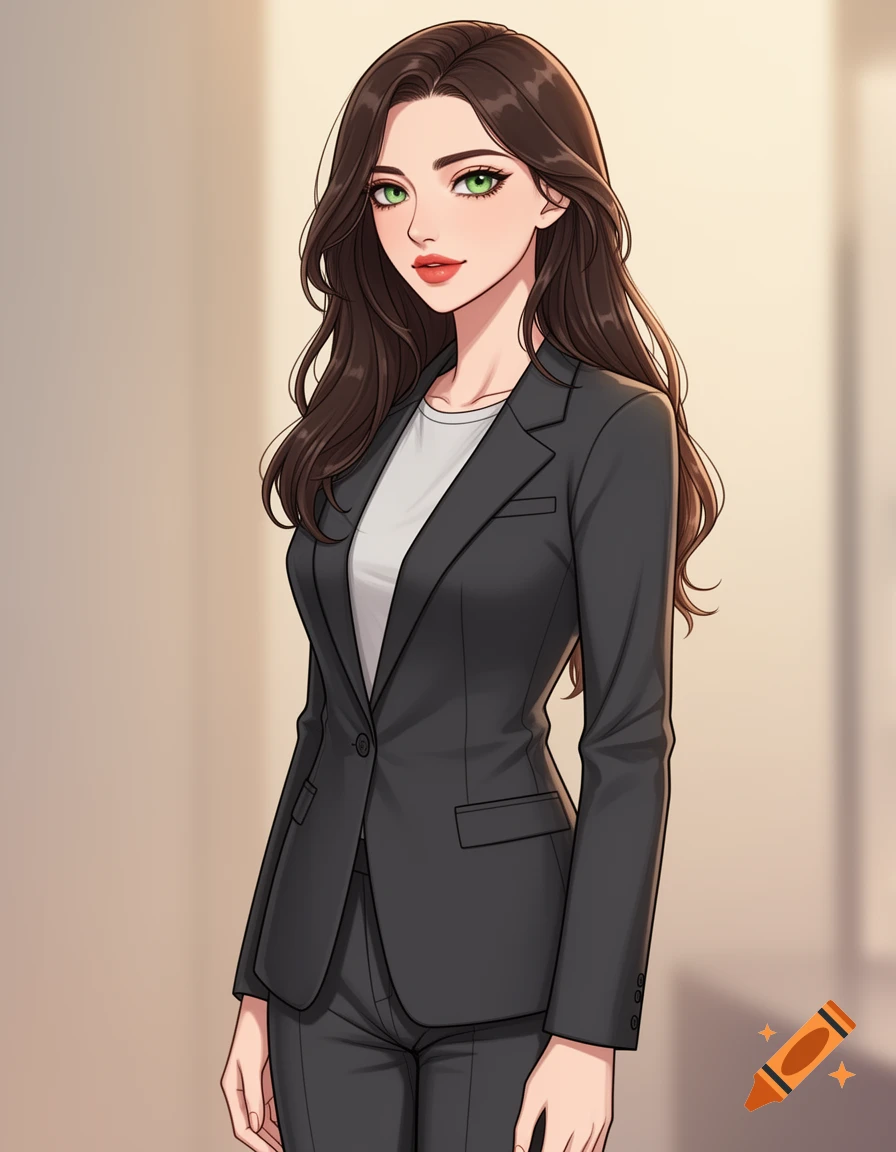 Anime-style woman with long brown hair and green eyes, wearing a grey business suit and a white shirt.