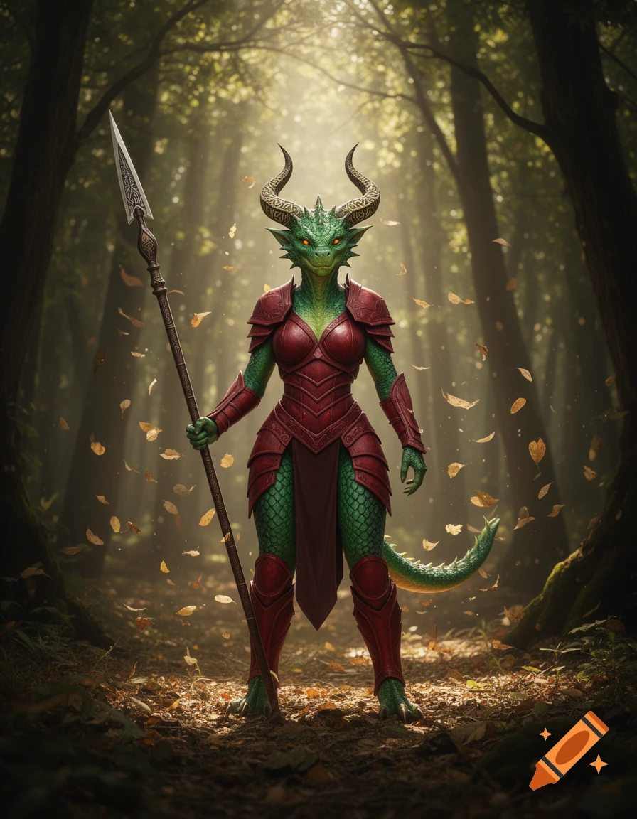 A female Dragonborn warrior in red armor holding a spear stands in a sun-dappled fantasy forest with falling leaves.