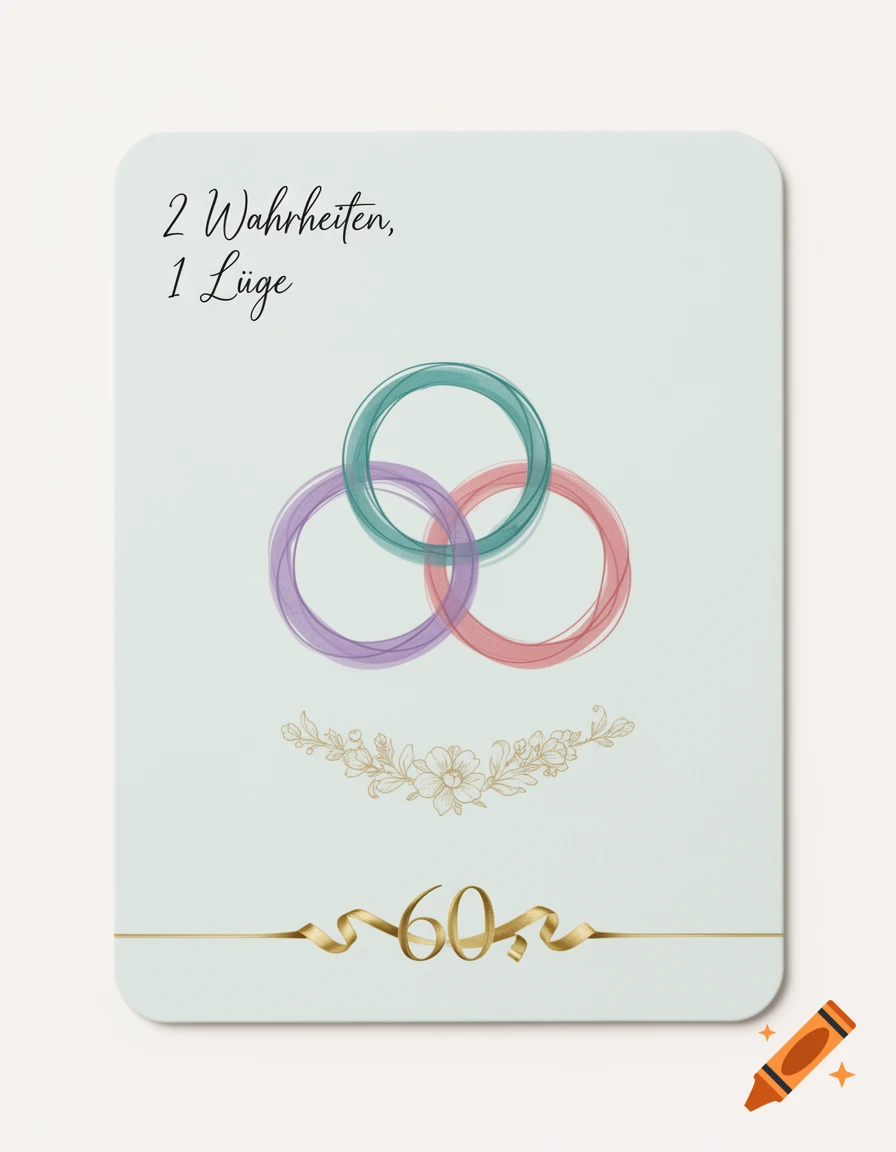 A light green card with rounded corners featuring '2 Wahrheiten, 1 Lüge' text, three interlocking watercolor-style rings, a floral garland, and the number 60 with a golden ribbon.