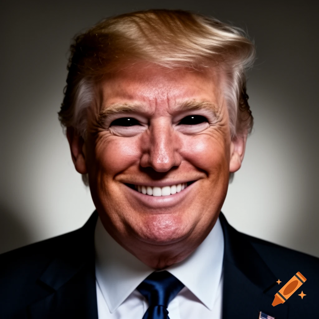 Close-up portrait of Donald Trump smiling with black eyes, wearing a dark suit and blue tie.