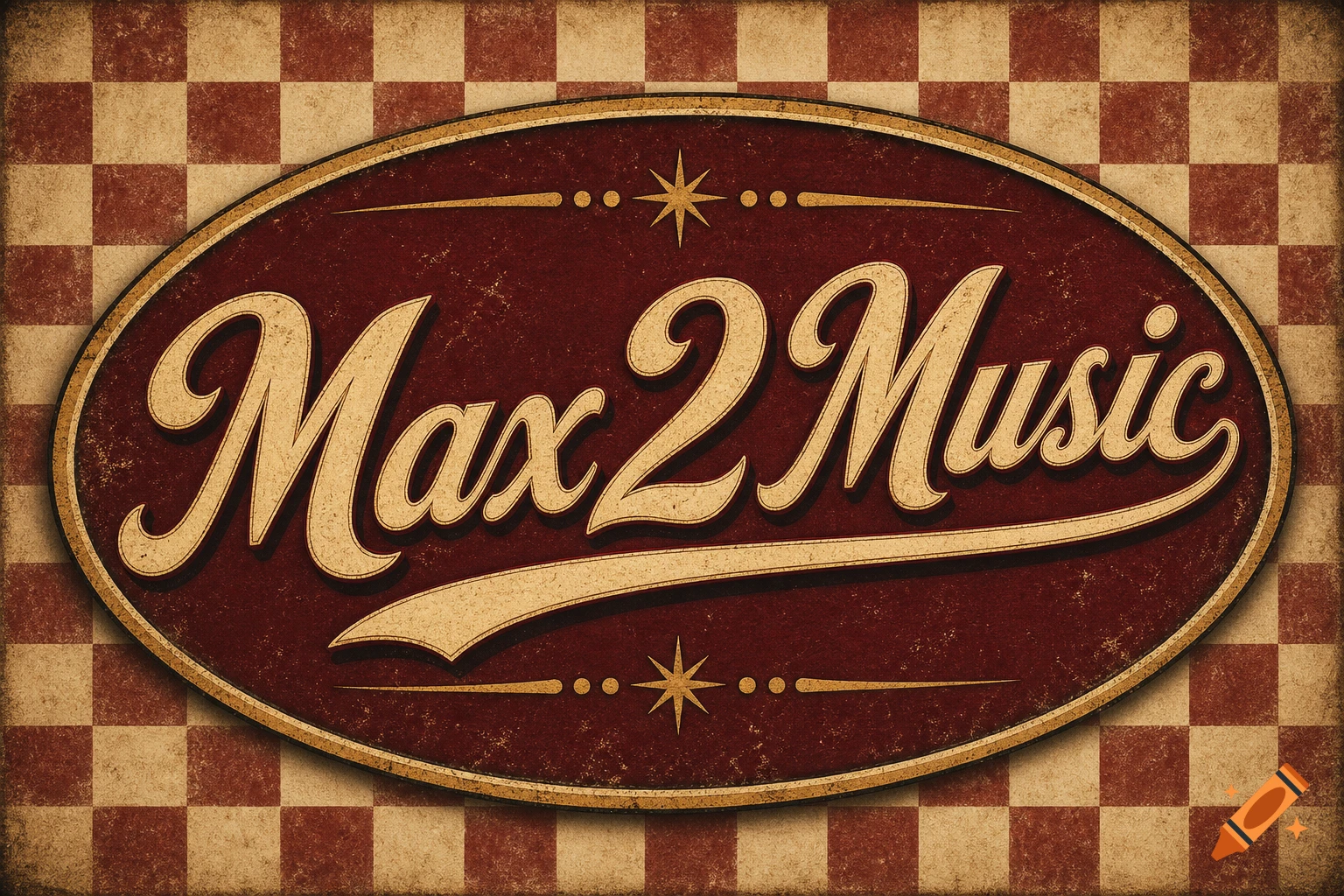A vintage-style oval logo features distressed red text 'Max 2 Music' in gold, set against a faded red and beige checkered background.