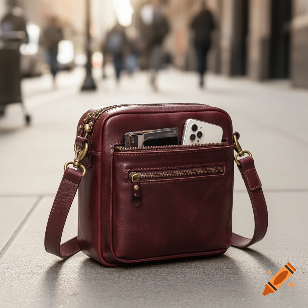 A burgundy leather crossbody bag with a phone and items in its front pocket sits on a city sidewalk with blurred people in the background.