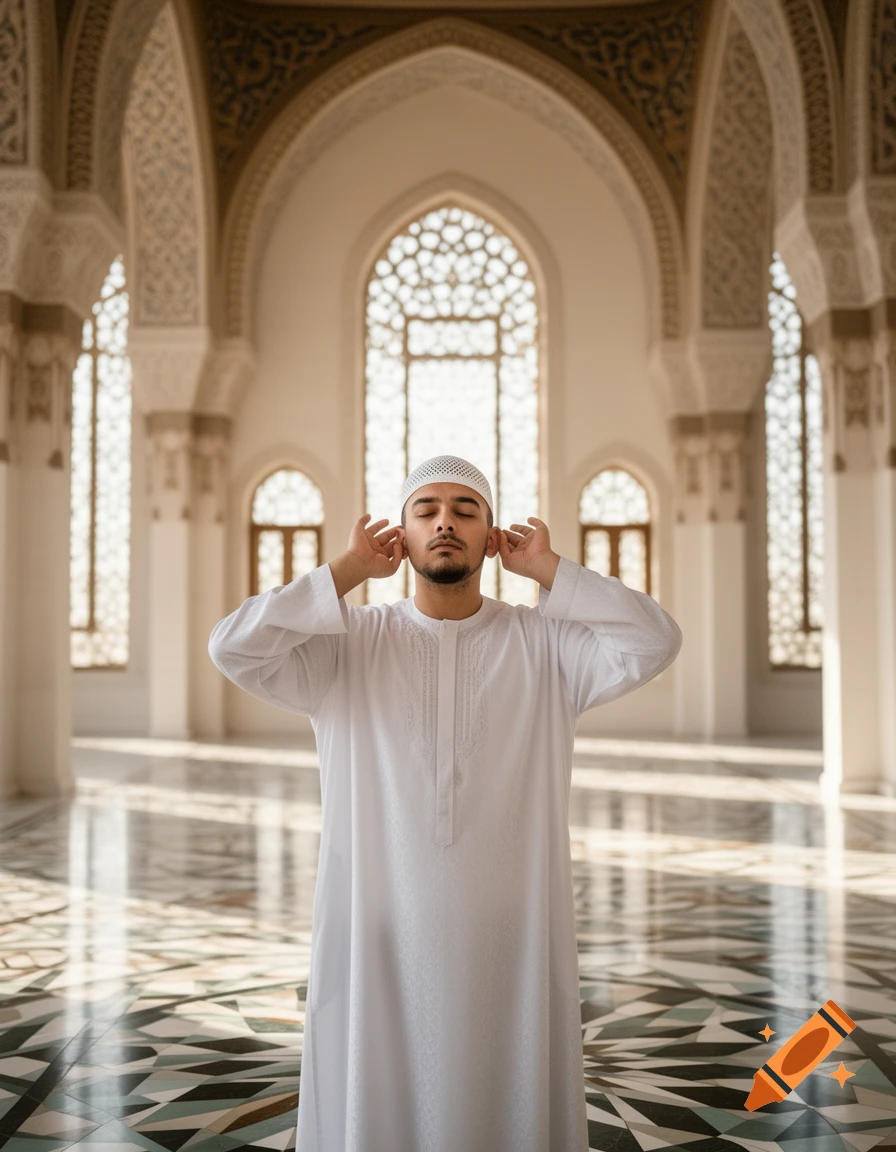 A photorealistic image of a man in white traditional attire starting Islamic prayer in a grand mosque with ornate architecture.