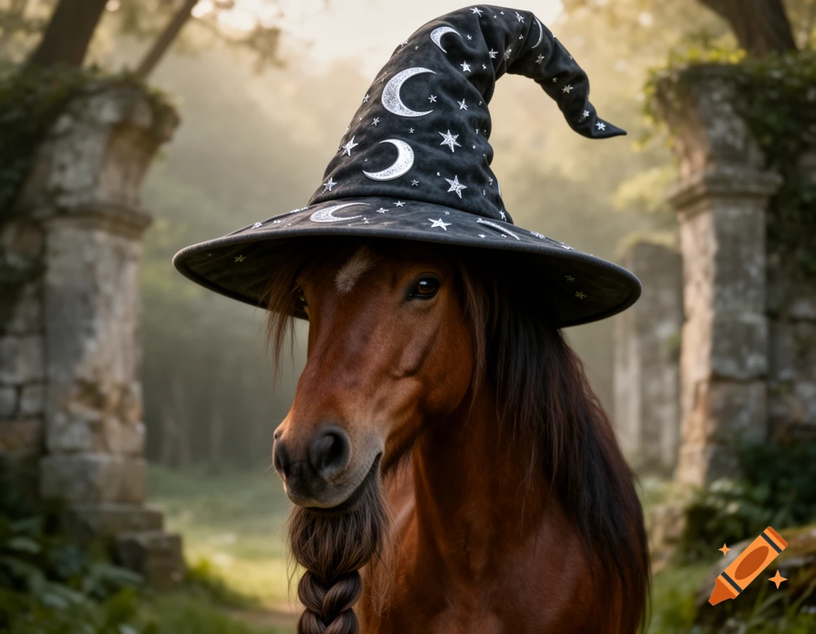 A brown horse in a dark wizard hat with silver moons and stars and a long braided beard, in a misty forest with ancient stone ruins.