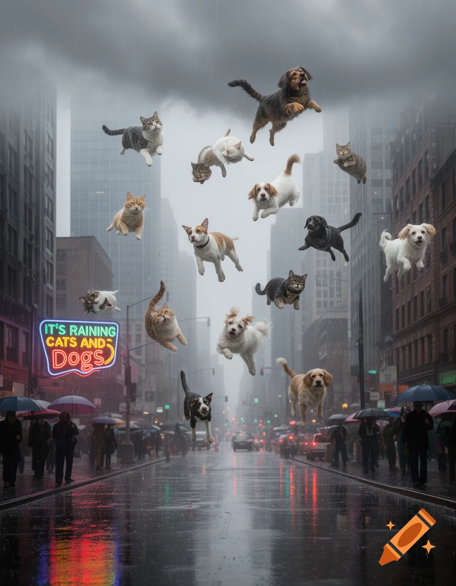 A surreal photorealistic image of cats and dogs raining down on a busy city street during a downpour, with a neon sign reading "IT'S RAINING CATS AND DOGS."