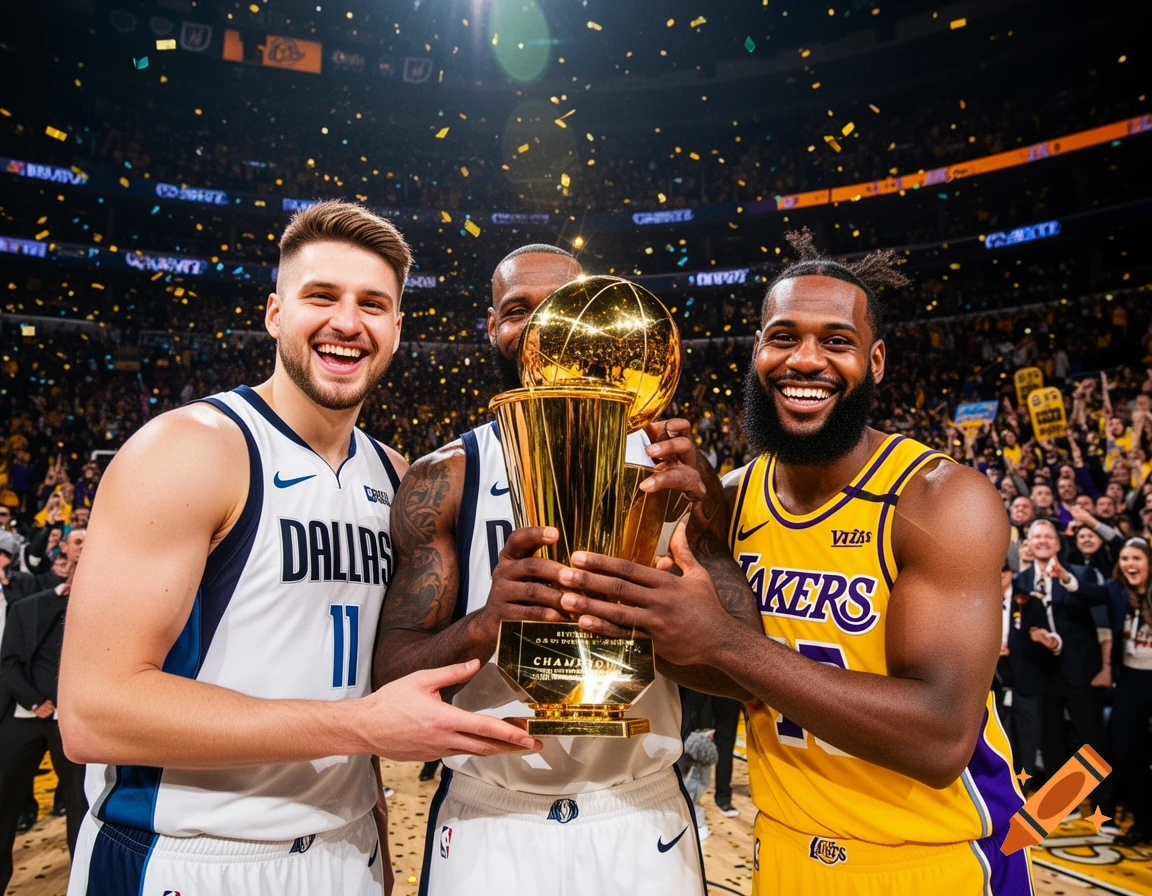 Luka Dončić and LeBron James, along with another player, smiling and holding a golden championship trophy on a basketball court with confetti falling.