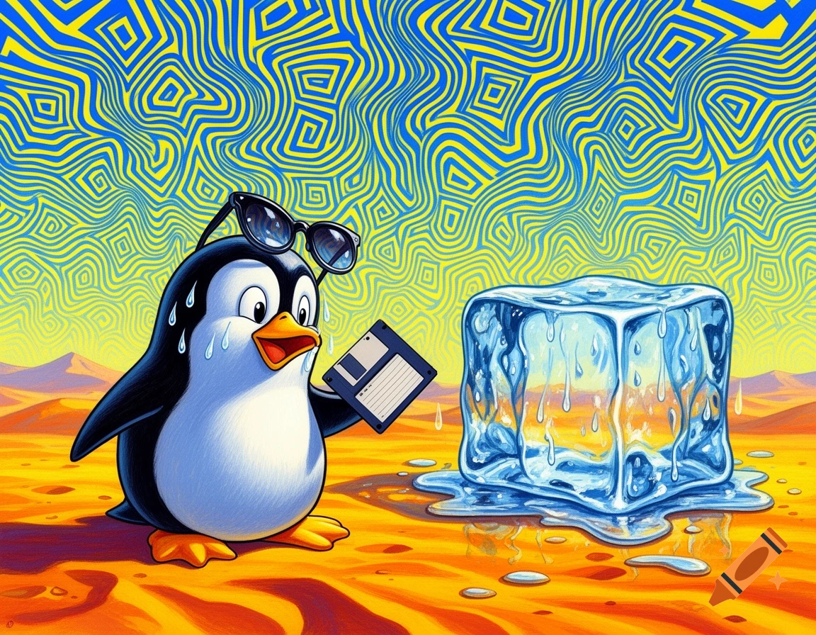 Tux the Linux penguin sweats in a surreal desert, holding a floppy disk next to a melting ice cube under a swirling yellow and blue sky.