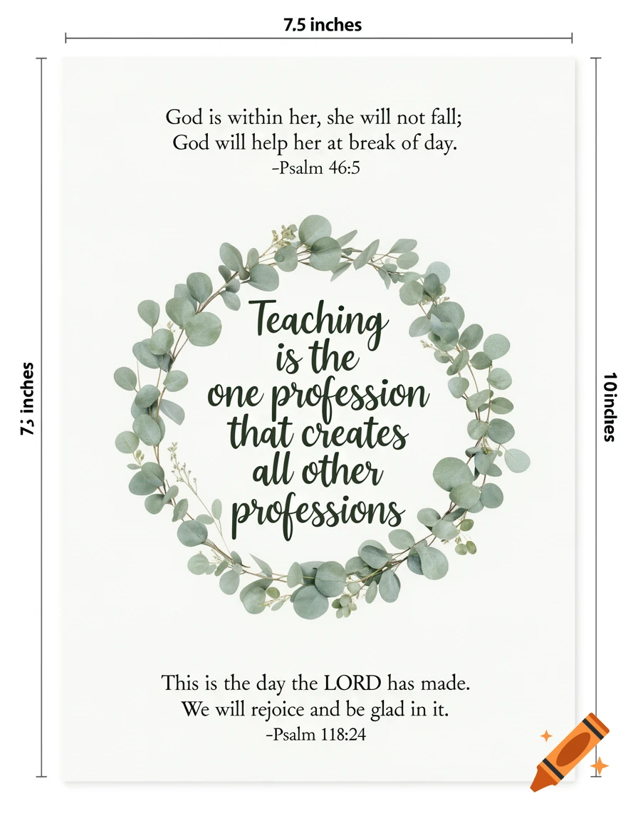 Inspirational poster with religious quotes and a quote about teaching, framed by a eucalyptus wreath on white.