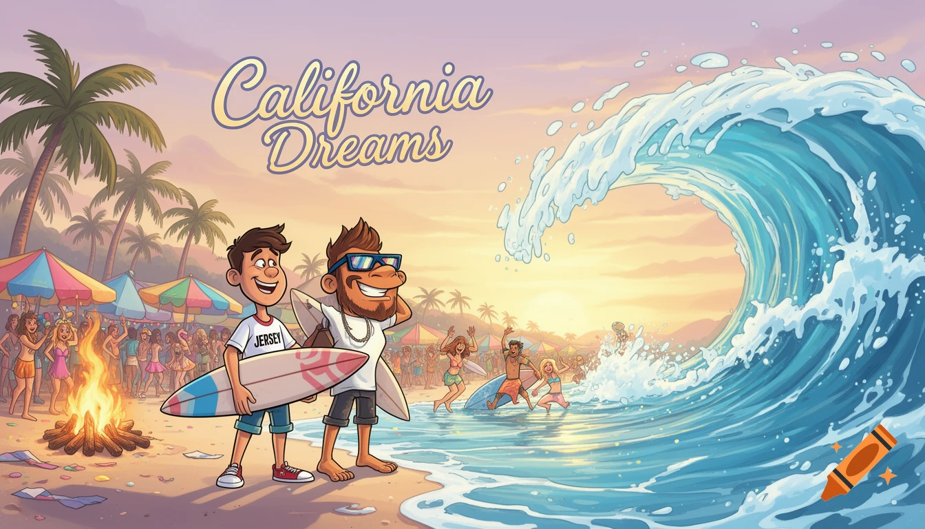 A vibrant cartoon of a beach party at sunset, with two boys holding surfboards in the foreground and a large wave crashing. Text reads "California Dreams" and "JERSEY" on a shirt.