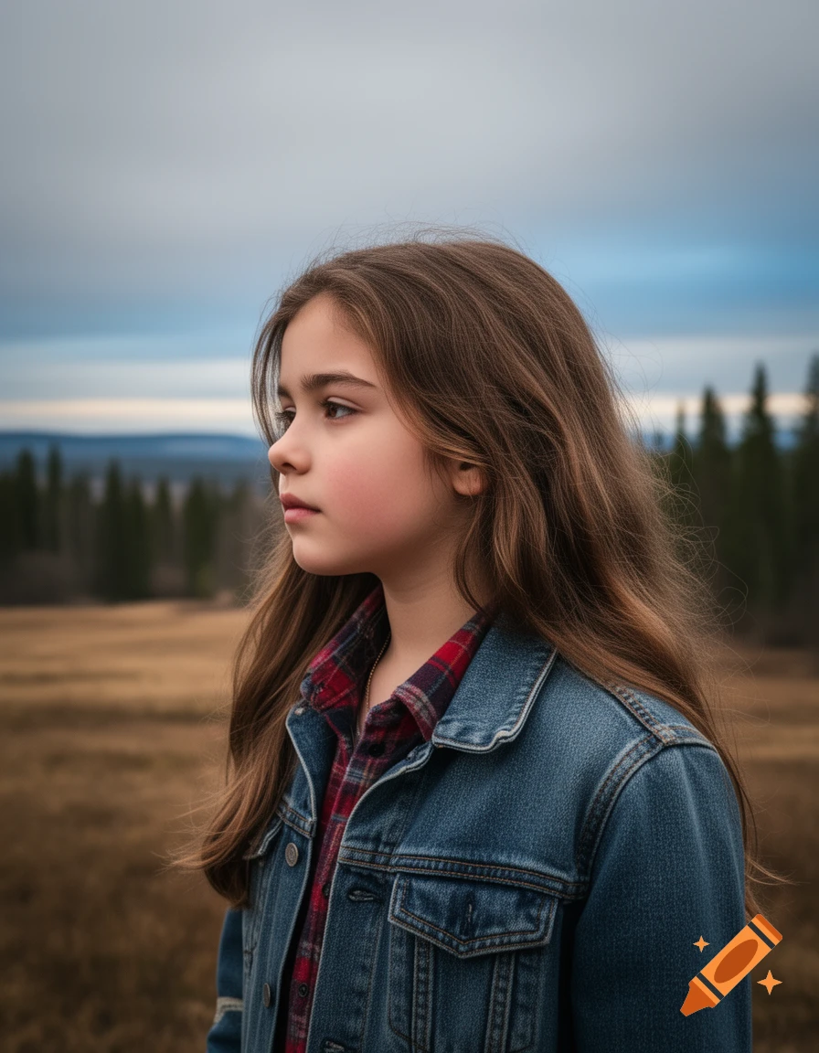 A young girl with long brown hair, wearing a denim jacket and flannel shirt, looks left in a field with trees under a cloudy sky.