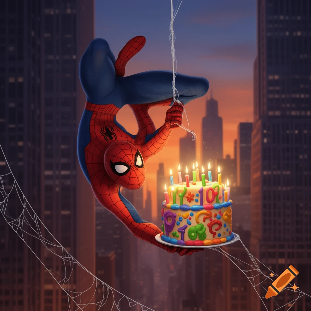 Spider-Man hangs upside down from a web, holding a lit birthday cake with colorful decorations and city skyscrapers in the background at sunset.
