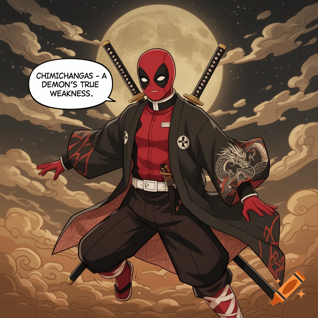 An anime-style Deadpool in a black and red kimono with katanas, standing under a full moon, saying "CHIMICHANGAS - A DEMON'S TRUE WEAKNESS."