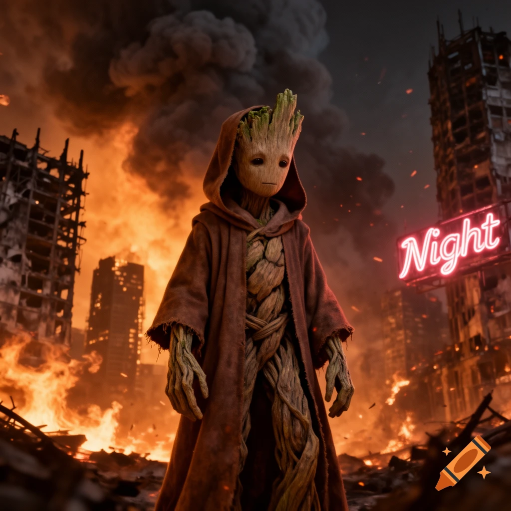 Photorealistic image of Groot in a hooded robe standing in a post-apocalyptic city consumed by flames, with a neon sign reading 'Night'.