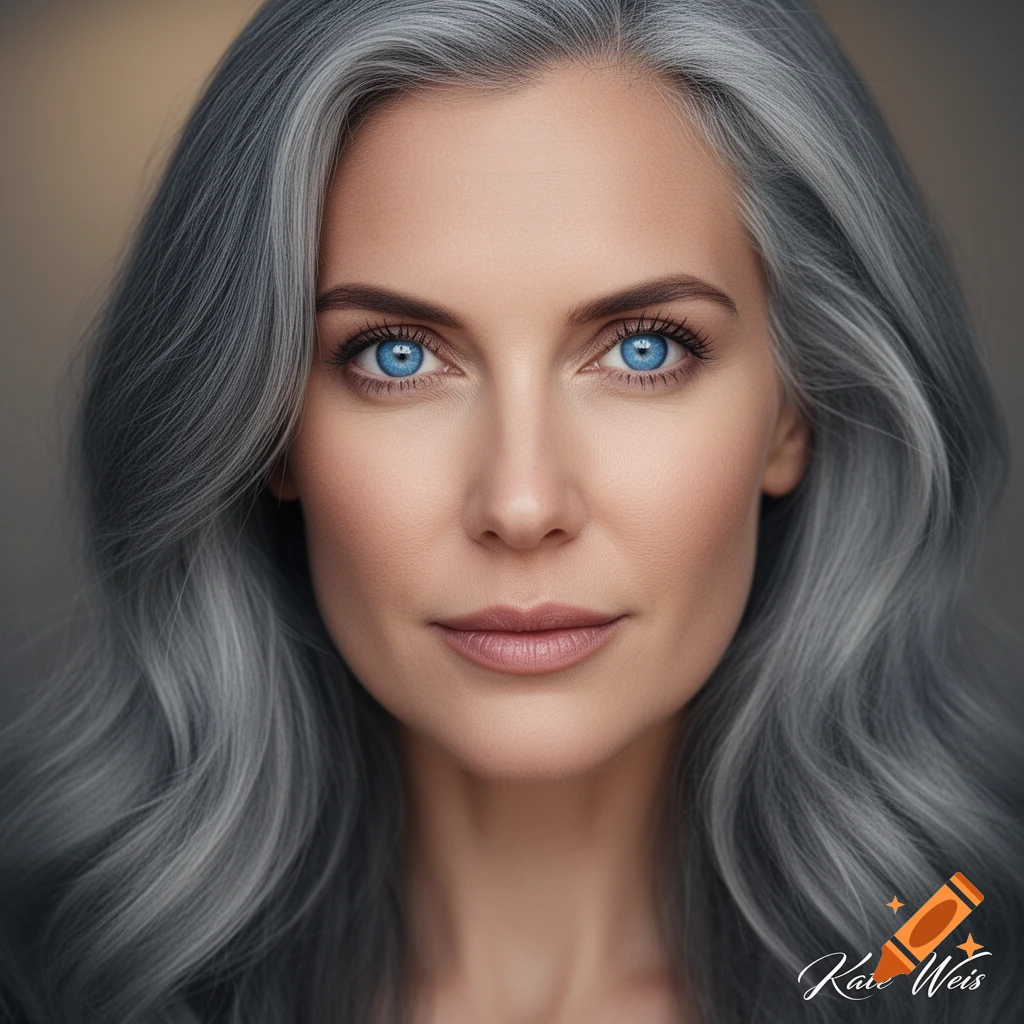 Close-up photorealistic portrait of an older woman with striking blue eyes and wavy grey hair looking directly forward.