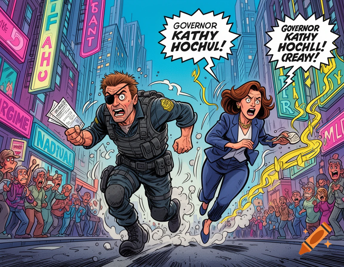 A comic book style illustration shows a man with an eye patch and a woman in a suit running frantically down a city street, with speech bubbles above them and a crowd looking on.