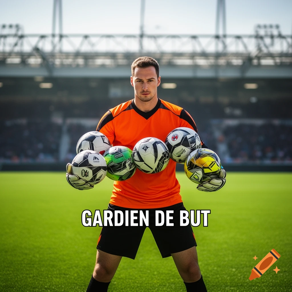 A male soccer goalkeeper in an orange jersey holds several soccer balls on a green field in front of a stadium.