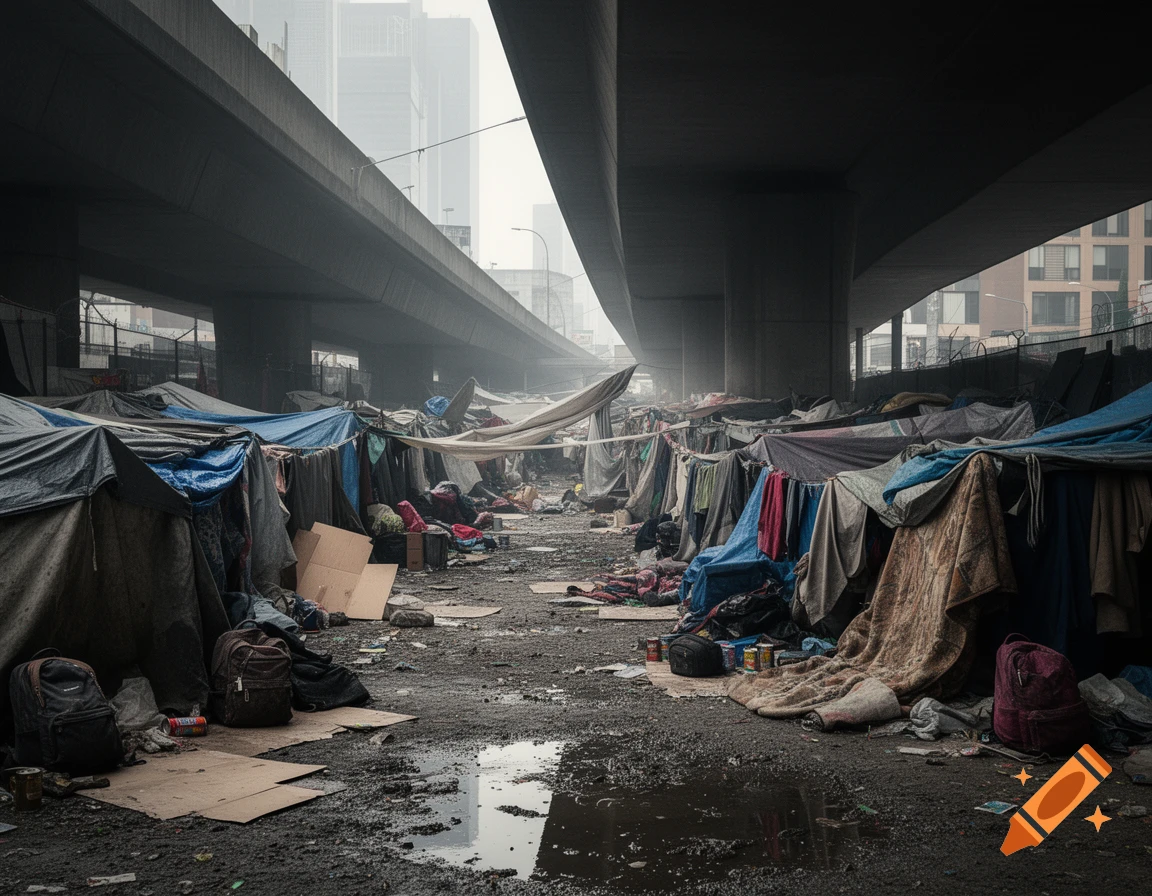 A gritty, photorealistic image of a homeless encampment under a concrete overpass, with tents, tarps, and debris on muddy ground.