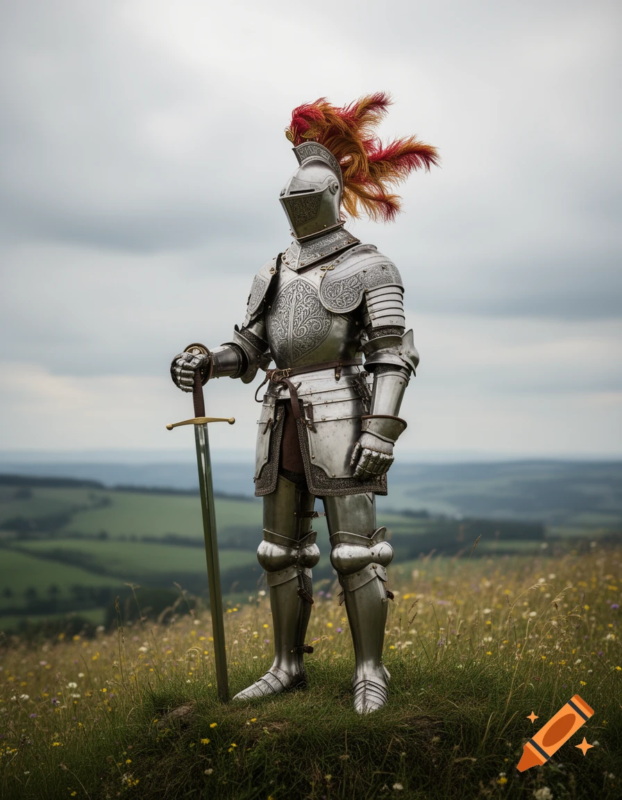 A knight in ornate full plate armor with a plumed helmet stands on a grassy hill, holding a sword, overlooking a green landscape.