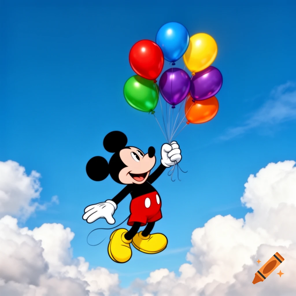 Mickey Mouse, a cartoon character, floats in a blue sky with white clouds, holding a colorful bunch of balloons.