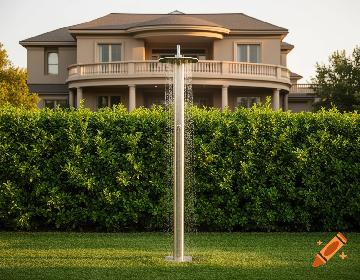 A modern outdoor shower spraying water on a green lawn, with a lush hedge and a large multi-story house in the background.