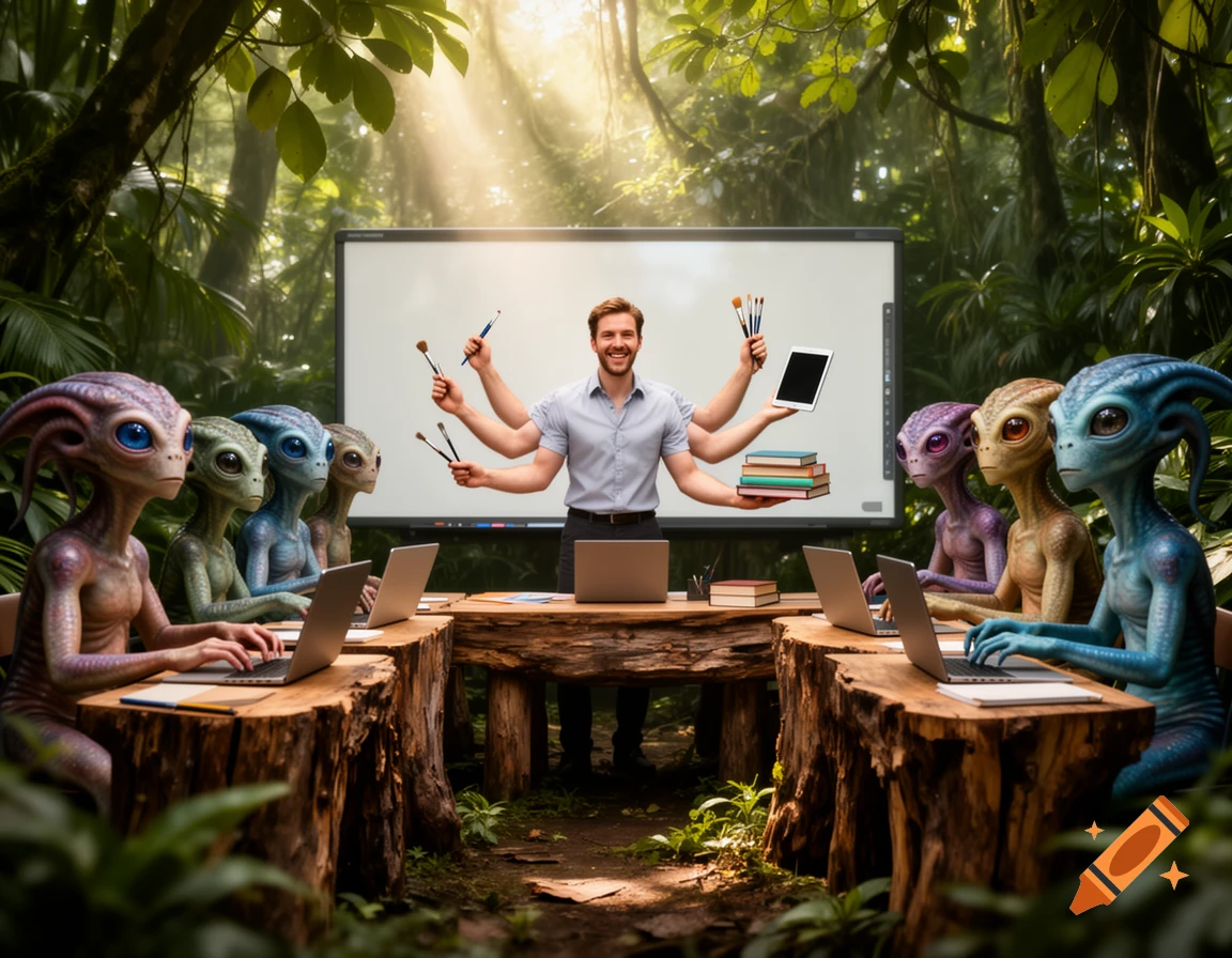 A six-armed teacher instructs alien students using laptops at tree-trunk desks in a jungle classroom with a whiteboard.