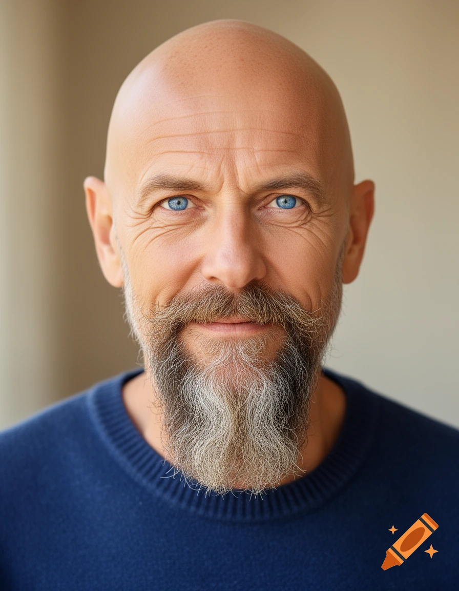 Close-up portrait of a bald, blue-eyed man with a gray goatee wearing a blue sweater.