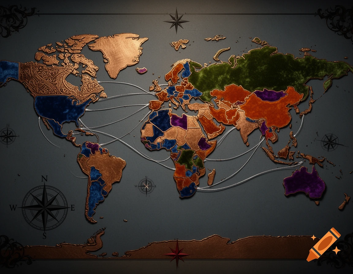 A stylized world map made of copper and velvet-like textures, with distinct country borders and connecting lines on a dark background.