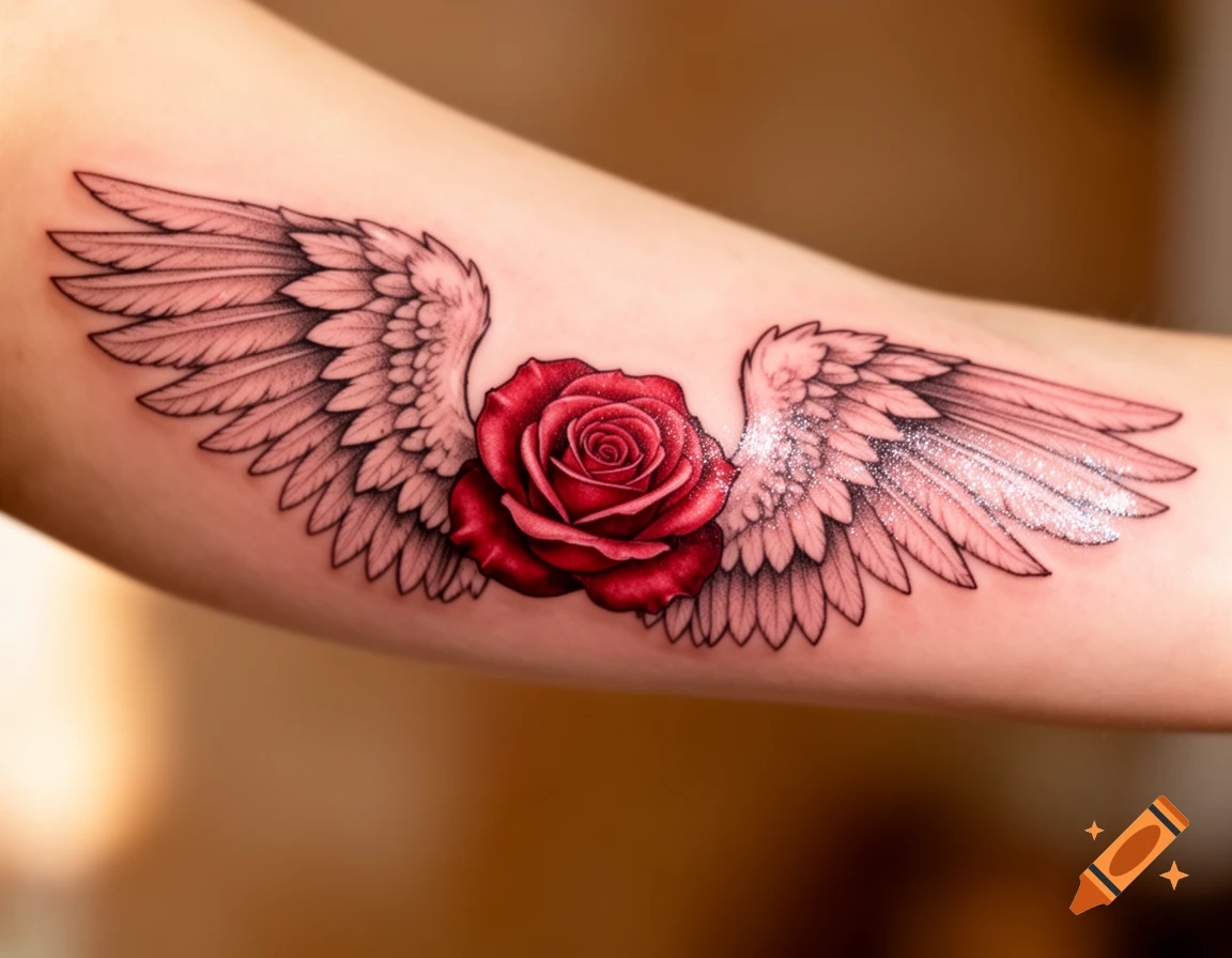 A detailed tattoo of a vibrant red rose centered between two feathered angel wings on a person's arm.