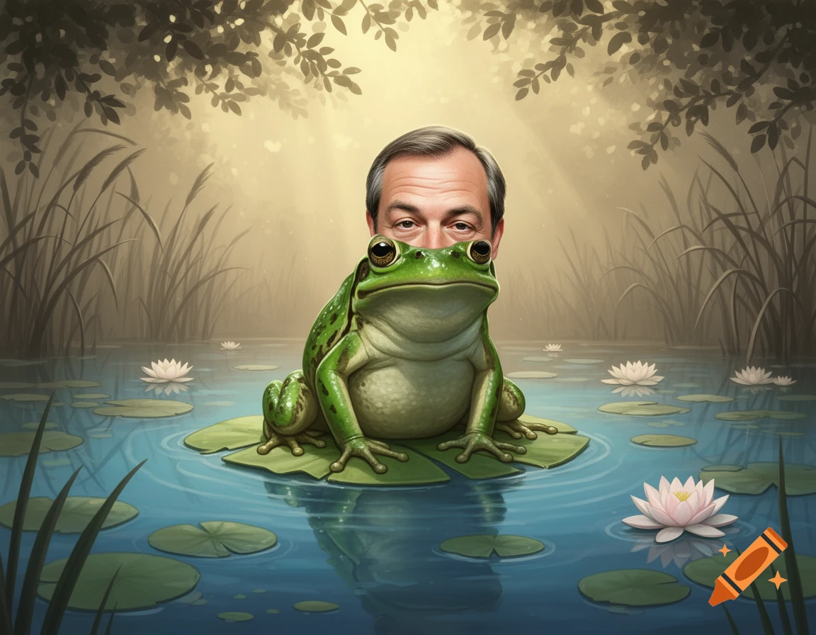 A stylized illustration of a frog with Nigel Farage's face, sitting on a lily pad in a pond with water lilies.