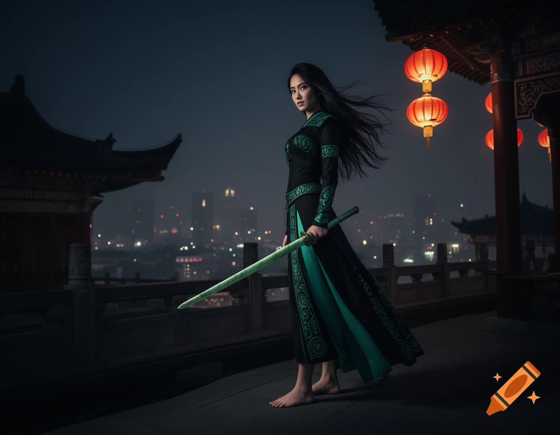 A barefoot female warrior in black and jade stands on a dark rooftop at night, holding a jade sword, with Chinese buildings and red lanterns behind her.